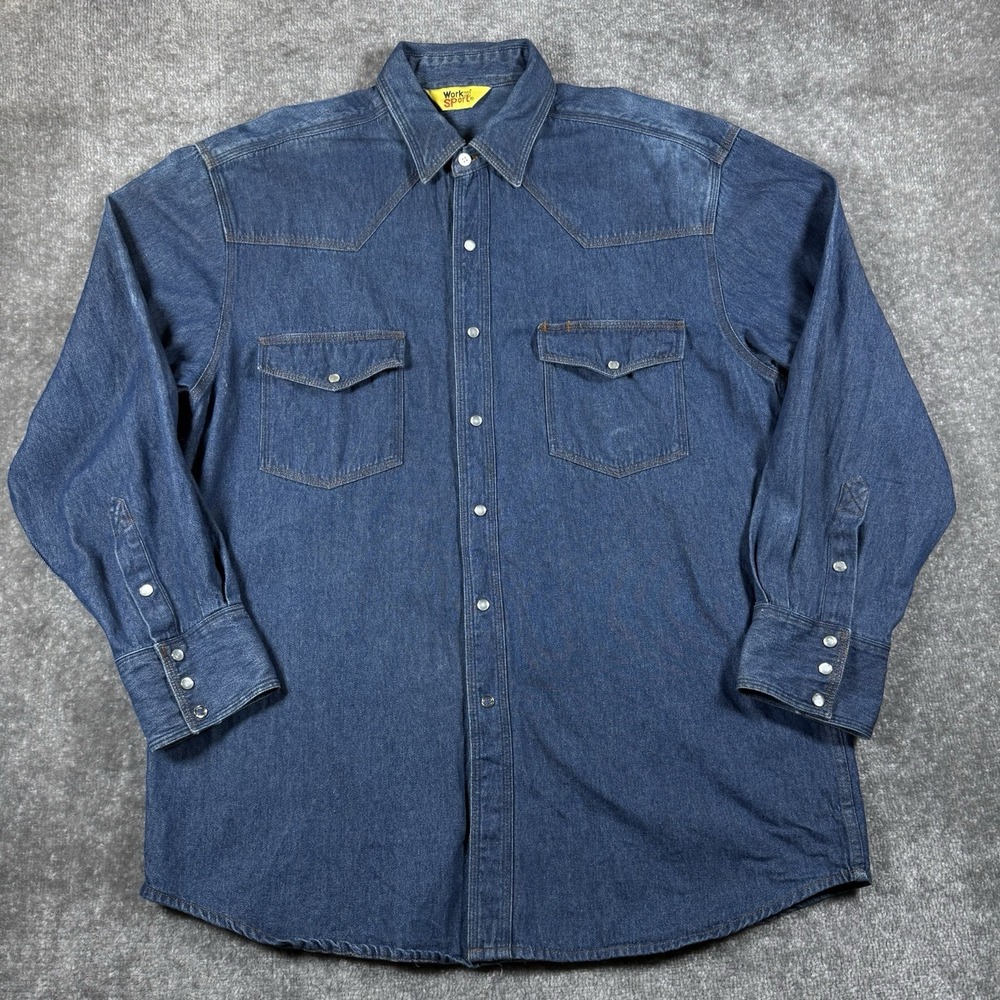 VTG Work n Sport Shirt Men's Large Blue Denim Distressed Western Cowboy Mechanic